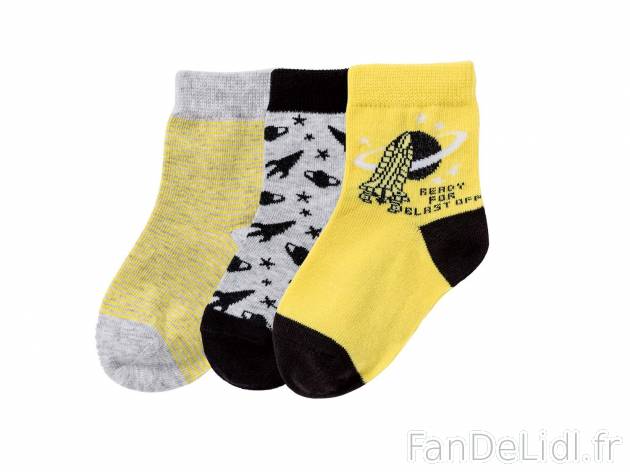 Chaussettes , le prix 1.99 € 
- Lot de 3 paires
- Du 19/22 au 27/30 selon modèle.
- ...