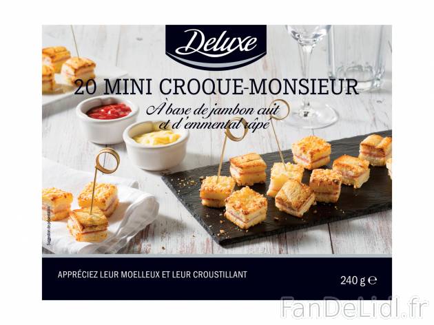 20 mini croque‑monsieur , le prix 3.39 €  

Caractéristiques

- surgelées