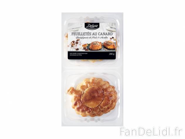 2 feuilletés , le prix 3.49 € 
- Au choix : canard sauce morilles ou Saint-Jacques ...