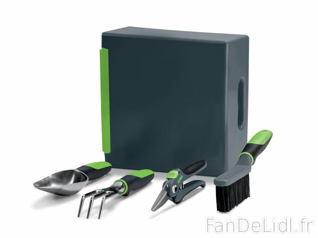 Boîte à outils de jardin , le prix 13.49 € 
Set de 5 : 
- 1 transplantoir,
- ...