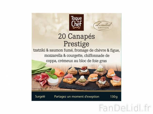 20 mini canapés prestige , le prix 5.79 €  

Caractéristiques

- surgelées