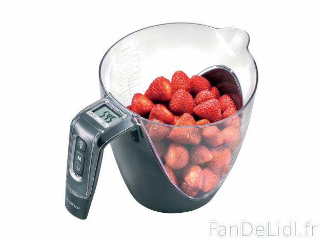Verre doseur avec balance Silvercrest, le prix 9.99 € 
- Env. 1,5 L
- 5 kg max.
- ...