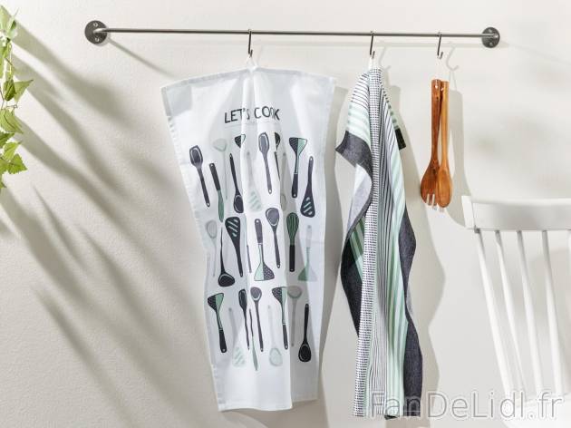 Torchons Lets cook, le prix 2.99 € 
- Lot de 2
- Env. 45 x 75 cm
- 100 % coton
- ...