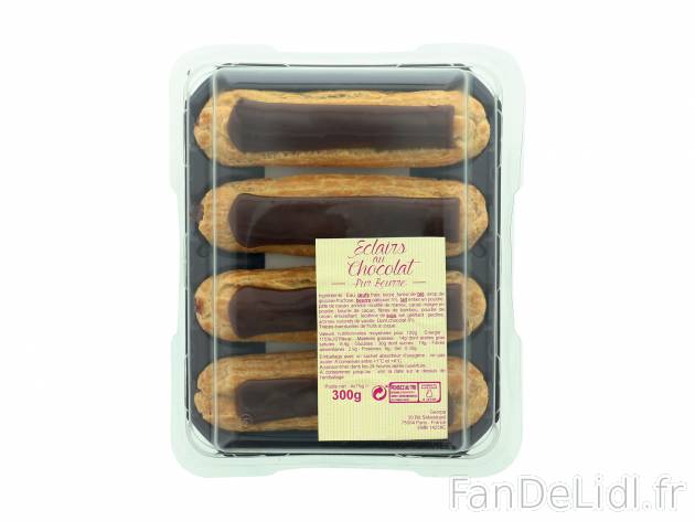 4 éclairs saveur chocolat , le prix 2.99 € 

Caractéristiques

- Transformé ...