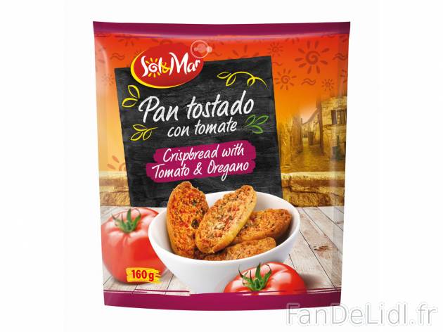 Pains grillés , le prix 0.89 €  
-  Au choix : tomate-origan ou ail-persil