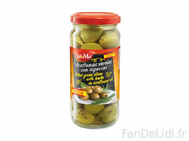 Olives vertes dénoyautées , le prix 0.99 €  
-  Au choix : ail, herbes ou piment