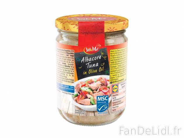 Thon blanc à l’huile d’olive MSC , le prix 5.99 € 

Caractéristiques

- ...