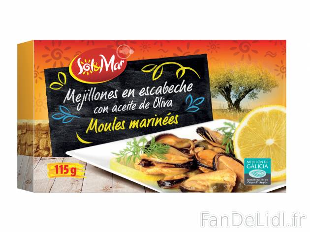 Moules marinées piquantes , le prix 1.29 €