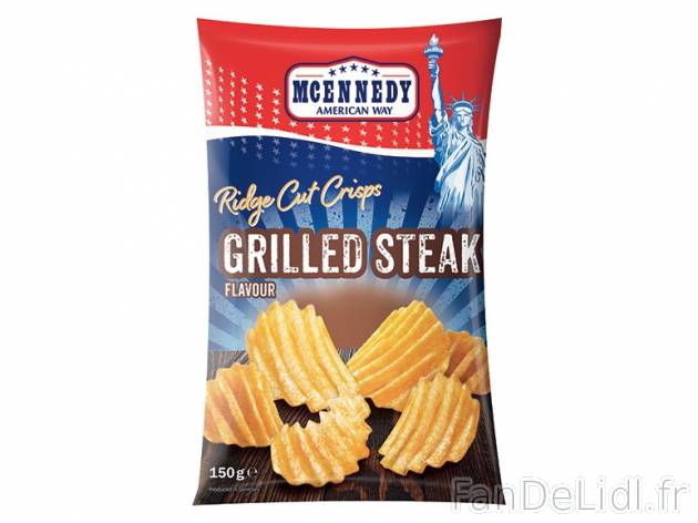 Chips ondulées , prezzo 0.99 € per 150 g au choix, 1 kg = 6,60 € EUR. 
- Au ...