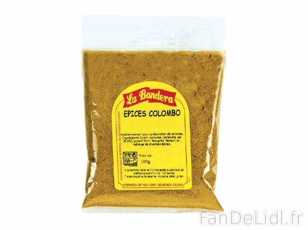 Epices colombo , prezzo 0.69 € per 100 g, 1 kg = 6,90 € EUR.