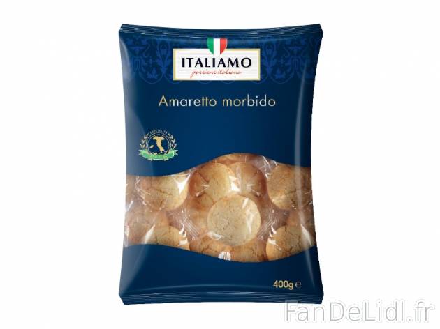 Biscuits moelleux amaretti , prezzo 2.49 € per 400 g, 1 kg = 6,23 € EUR. 
- ...