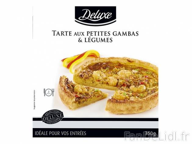 Tarte aux petites gambas et légumes , prezzo 2.79 € per 350 g, 1 kg = 7,97 € EUR.
