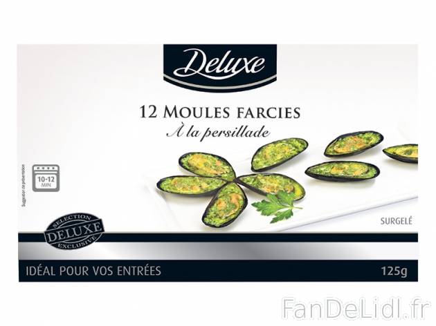 12 moules farcies à la persillade , prezzo 2.99 € per 125 g, 1 kg = 23,92 € EUR.