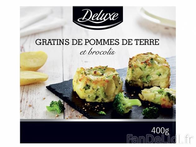 4 gratins de pommes de terre et brocolis , prezzo 2.49 € per 400 g, 1 kg = 6,23 € EUR.