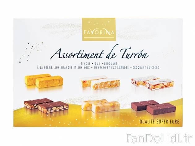 Assortiment de turrón , prezzo 4.49 € per 310 g, 1 kg = 14,48 € EUR. 
- Composé ...