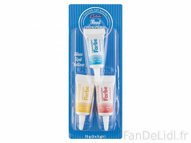 3 colorants alimentaires , prezzo 1.69 € per 15 g, 1 kg = 112,67 € EUR. 
- ...