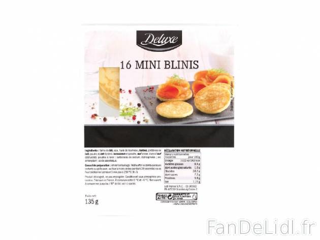 16 mini blinis , prezzo 0.85 € per 135 g, 1 kg = 6,30 € EUR.