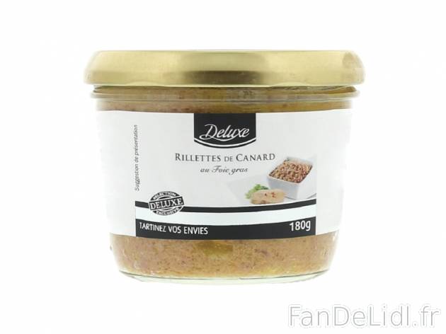 Rillettes de canard au foie gras , prezzo 2.49 € per 180 g, 1 kg = 13,83 € EUR. ...