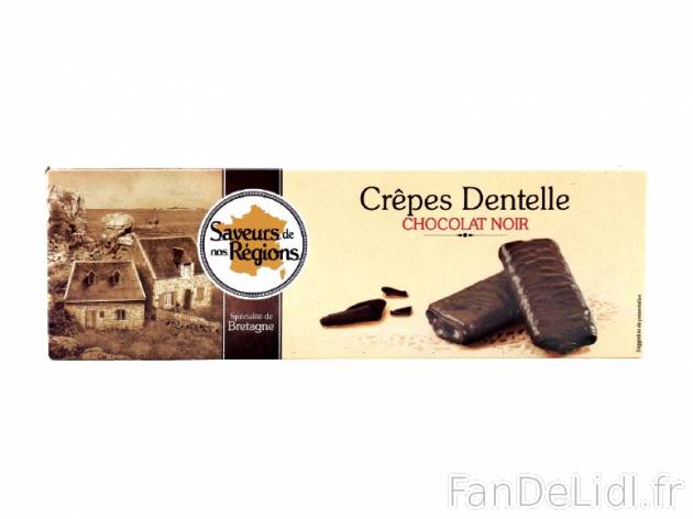 Crêpes dentelle au chocolat noir , prezzo 1.29 € per 100 g, 1 kg = 12,90 € EUR.