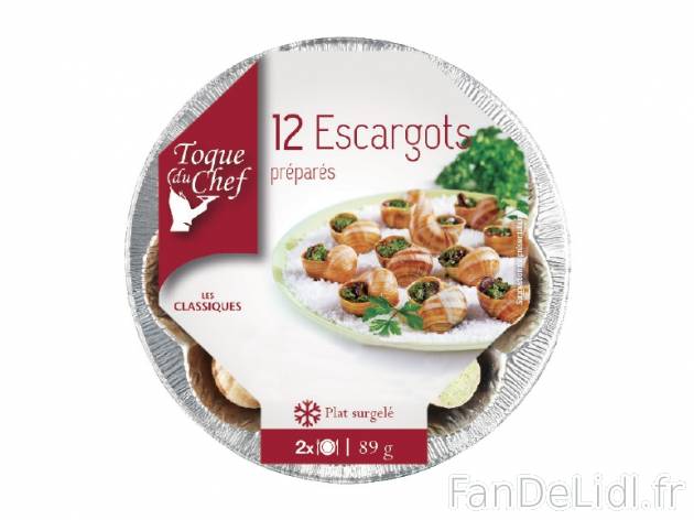 12 escargots préparés , prezzo 1.99 € per 89 g, 1 kg = 22,36 € EUR. 
- Toute ...