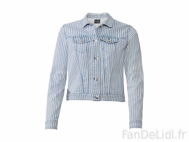 Veste en jean , le prix 11.99 € 
- Du 36 au 46 selon modèle.
- Ex. 98 % coton ...