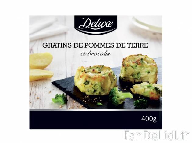 4 gratins de pommes de terre et brocolis , prezzo 2.49 € per 400 g, 1 kg = 6,23 € EUR.
