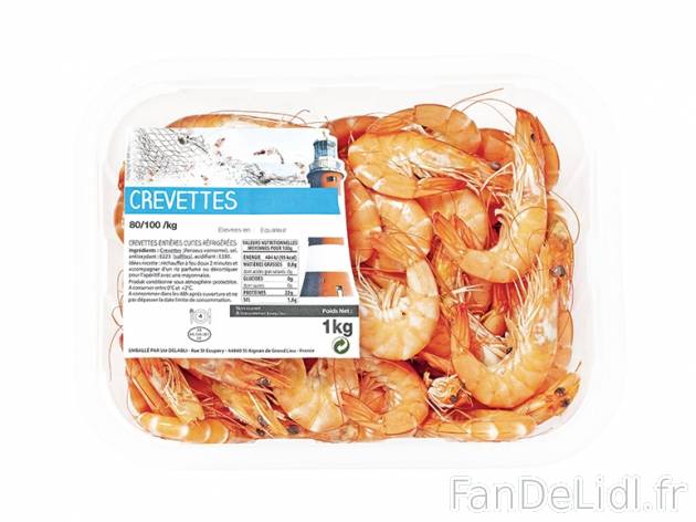 Crevettes cuites entières , prezzo 8.29 € per La barquette de 1 kg 
- De 80 ...