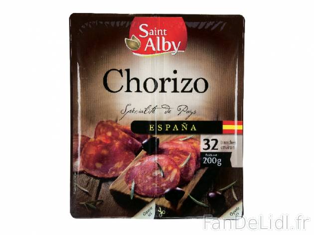 Chorizo en tranches , prezzo 1.99 € per 200 g, 1 kg = 9,95 € EUR. 
- 32 tranches ...
