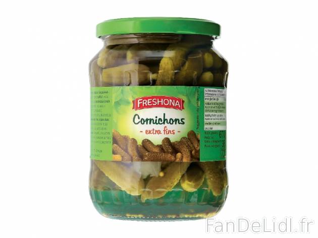 Cornichons extra fins , prezzo 1.09 € per 360 g (PNE), 1 kg = 3,03 € EUR.