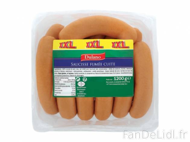 Saucisses fumées cuites , prezzo 4.49 € per 1.2 kg, 1 kg = 3,74 € EUR. 
- ...