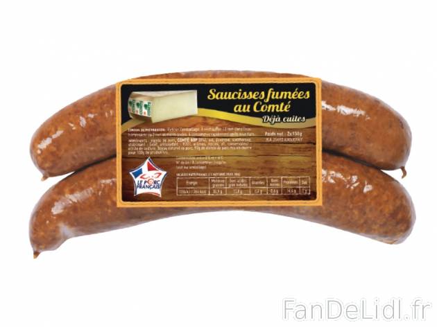 2 saucisses fumées au comté AOP , prezzo 2.49 € per 300 g, 1 kg = 8,30 € EUR. ...