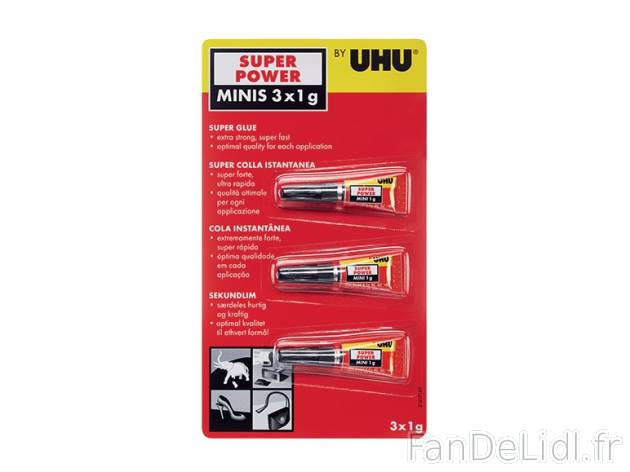 Colle instantanée , prezzo 0.99 € per Le lot, 1 kg = 330 € EUR.  
-      3 x 1 g