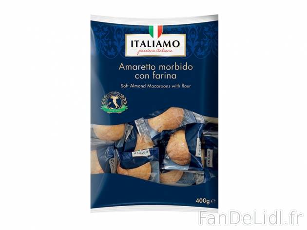 Biscuits moelleux amaretto , prezzo 2.49 € per 400 g, 1 kg = 6,23 € EUR. 
- ...