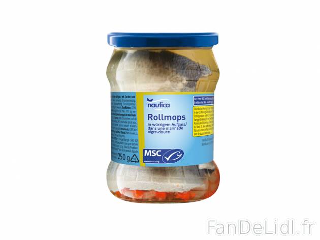 Rollmops ou harengs marinés MSC , le prix 1.99 € 

Caractéristiques

- Transformé ...