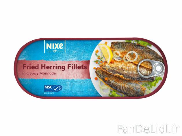 Tendres filets de harengs frits MSC , le prix 1.59 € 
- Dans leur marinade épicée
- ...