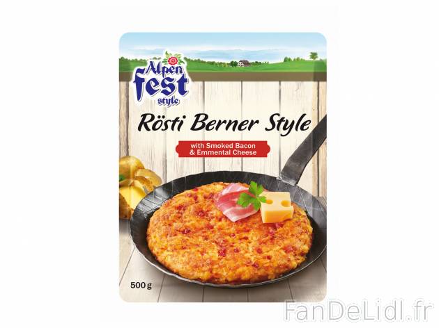 Rösti à la Bernoise , le prix 2.19 €  
-  Au lard et à l’emmental 