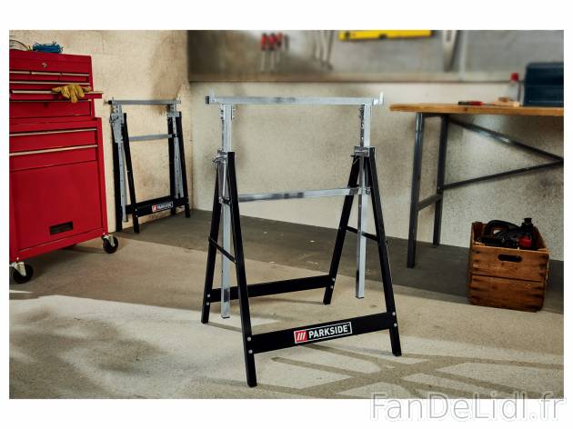 Tréteau réglable en hauteur Parkside, le prix 17.99 € 
- En acier
- 200 kg ...