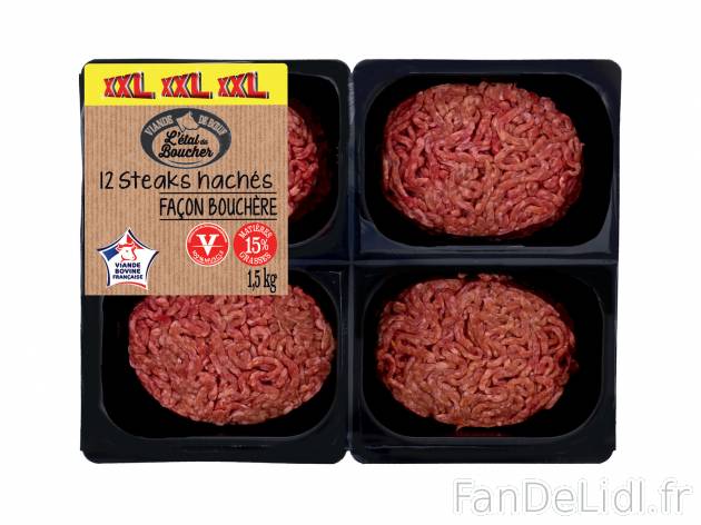 12 steaks hachés façon bouchère , le prix 8.33 € 
- 15% de matières grasses
Caractéristiques

- ...