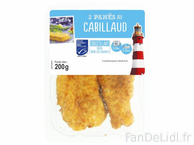 2 panés au cabillaud MSC , le prix 1.39 € 
- Croustillant
Caractéristiques

- ...