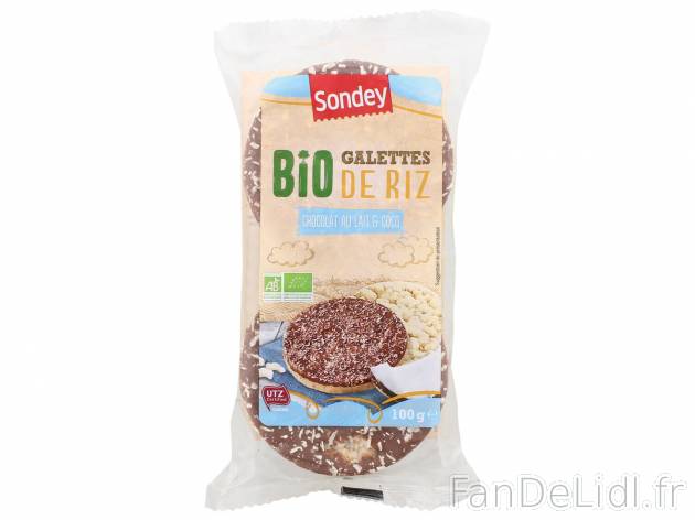 Galettes de riz Bio au chocolat , le prix 0.75 € 
- Au choix : chocolat au lait, ...