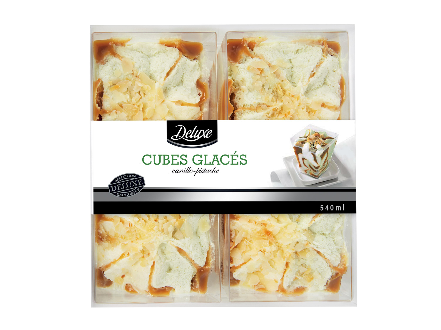 4 cubes glacés en vente , le prix 4.19 €
- Au choix : vanille-pistache ou vanille-framboise
Caractéristiques
- ...