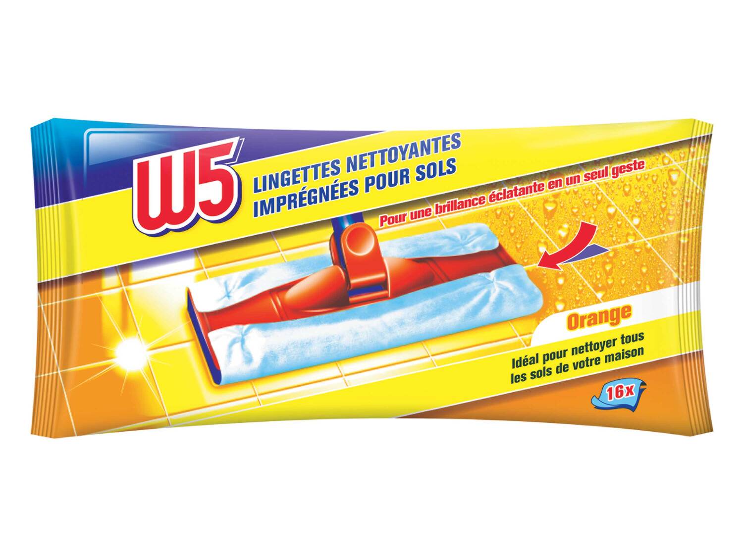 Lingettes impregnées pour sols , le prix 0.99 €
- Au choix : fraîcheur, orange ...