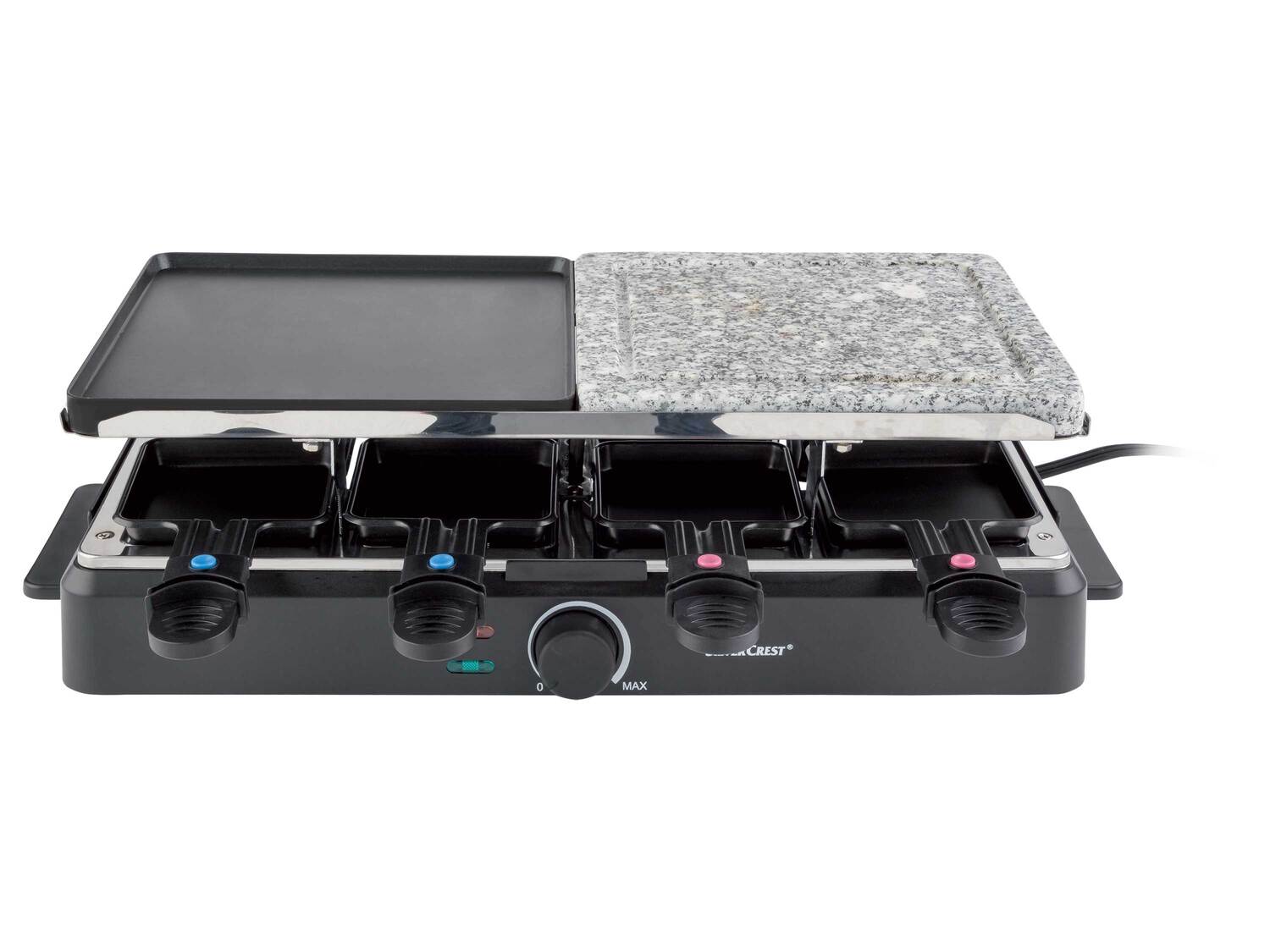 Raclette-gril , le prix 29.99 €
- 1 400 W
- Pierre chauffante et gril double ...