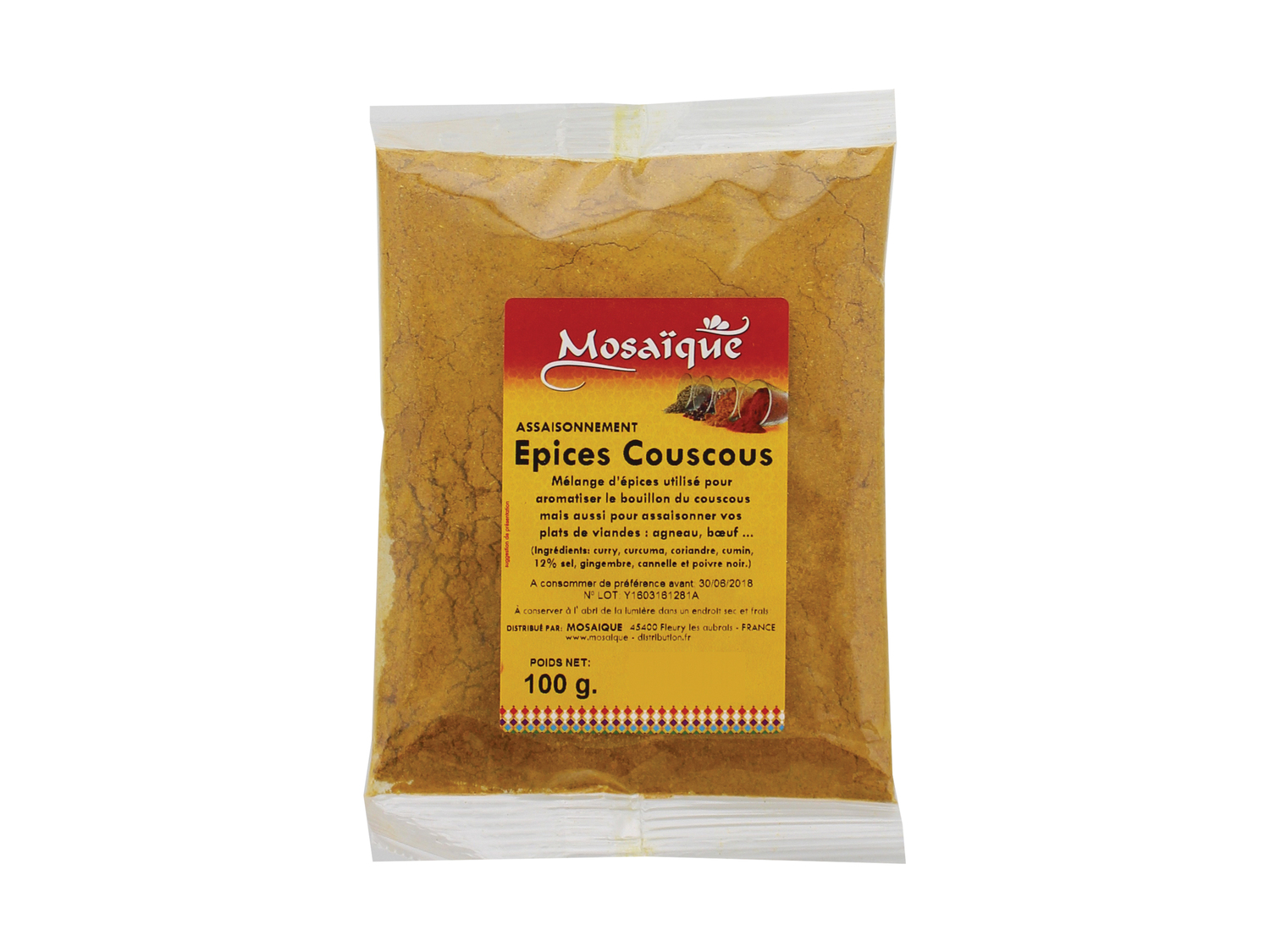 Épices , le prix 0.69 €
- Au choix : sésame doré, tajine, couscous, curry, ...
